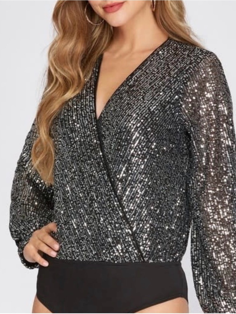 Kori Black Sequin Wrap Bodysuit